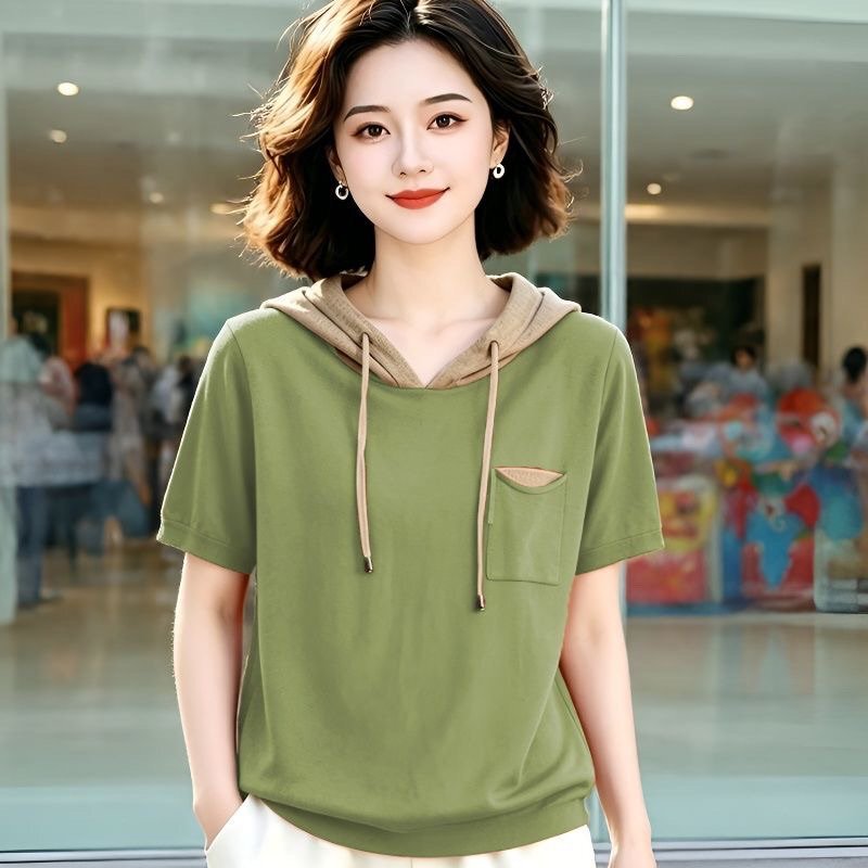 Pure Cotton Hooded Short-Sleeved T-Shirt for Women 2026 Summer New Korean Style Loose-Fitting Top That Covers the Belly and Looks Slimming with Contrasting Colors Pure Cotton Hooded Short-Sleeved T-Shirt for Women 2026 Summer New Korean Style Loose-Fitting Top That Covers the Belly and Looks Slimming with Contrasting Colors