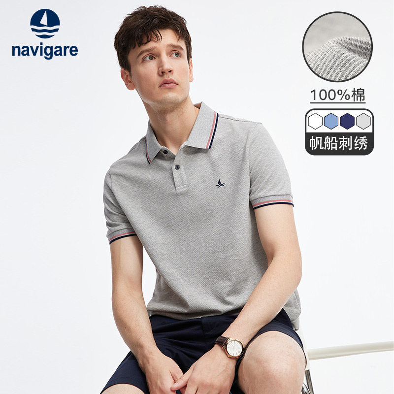 Navigare Italian sailing boat Pure cotton-leaned polo shirt men short sleeve grey embroidery t-shirt casual coat