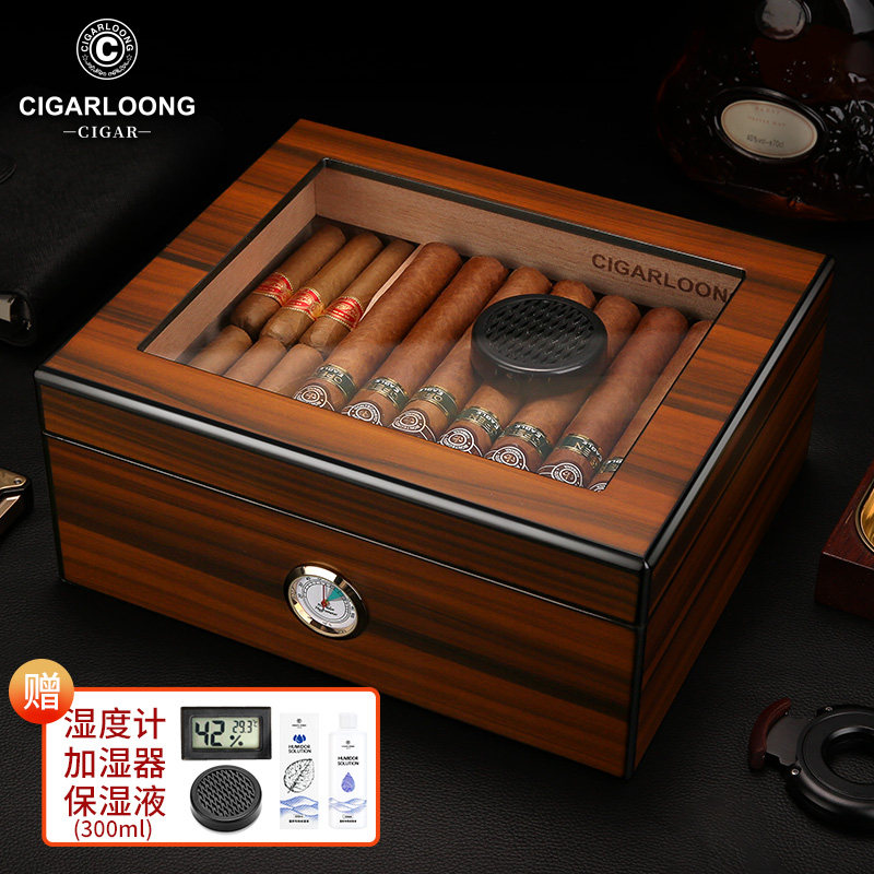 CIGARLOONG シガーボックス、大容量二重構造加湿器付き、杉材製密閉収納ボックス