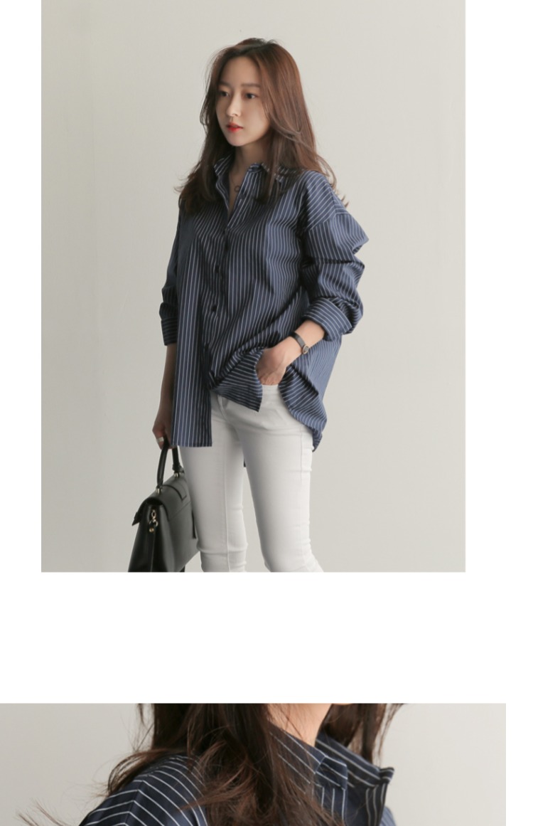Xiao You Fan phiên bản dài Hàn Quốc của áo thun sọc rộng hoang dã BF cỡ lớn tay dài Han Han 2018 mới xuân áo kiểu voan