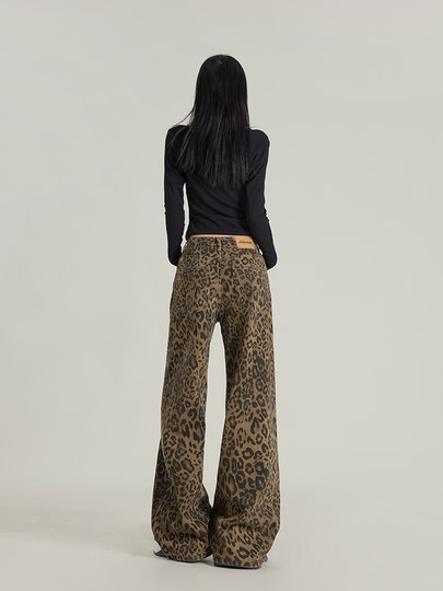 Winter Fleece-Lined Thick Leopard Print Pants for Women, American-Style Drape Design, Niche Loose Wide-Leg Casual Long Pants for Autumn and Winter