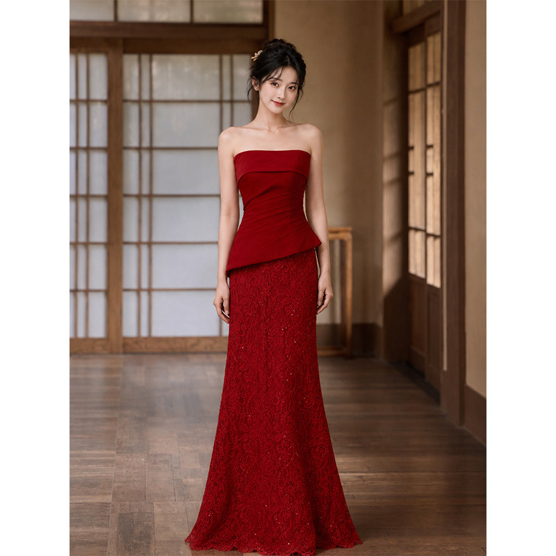 2026 New Style High-End Light Luxury Engagement Dress for the Bride, Strapless Banquet Host Wine Red Gown 2026 New Style High-End Light Luxury Engagement Dress for the Bride, Strapless Banquet Host Wine Red Gown