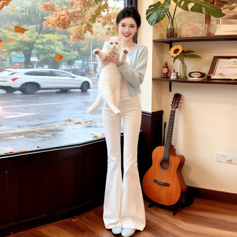 White High-Waisted Stretchy Slim-Fit Flared Jeans for Women, 2026 Spring and Autumn, Cropped Length, Petite, Tight-Fitting Bootcut Pants White High-Waisted Stretchy Slim-Fit Flared Jeans for Women, 2026 Spring and Autumn, Cropped Length, Petite, Tight-Fitting Bootcut Pants