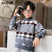 Boys sweater thickened autumn and winter 2021 new childrens knitted base round neck boy Korean version of mink velvet