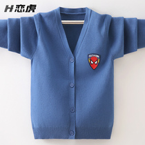 Boys sweater cardigan spring and autumn thin model 2021 new childrens sweater coat Big Boy v Collar Cotton