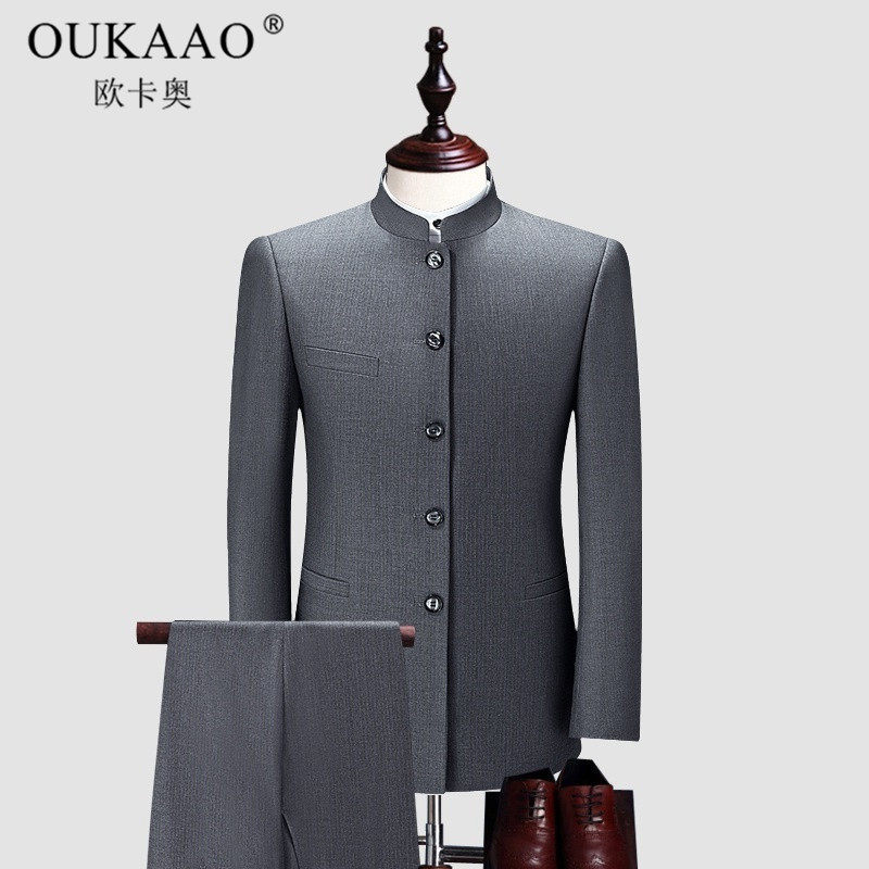 OUKAAO high-grade tunic suit male stand-up collar slim-fit Chinese wedding dress High-grade gray suit suit male