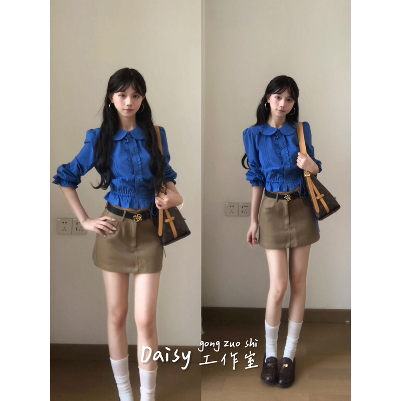 Klein Blue Doll Collar Shirt, Short Top, Half Skirt, Two-Piece Suit for Women, Complete Autumn Outfit