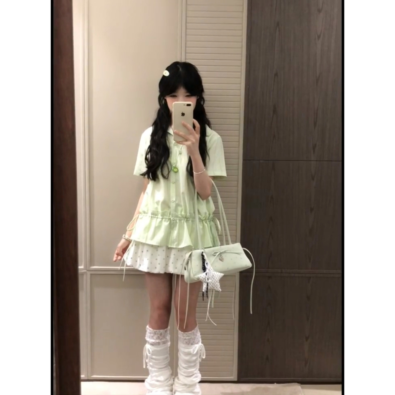College-Style Fresh Green Striped Shirt, Short-Sleeved Top, Polka-Dot Skirt Suit, Beautiful Summer Mini Skirt for Women