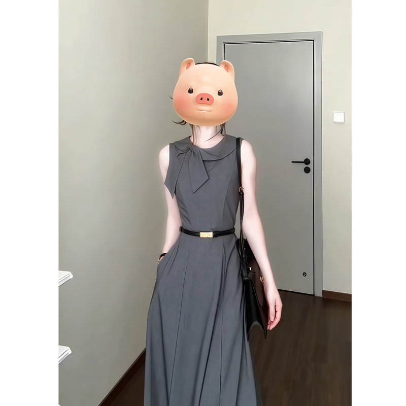 French-Style Elegant Gray Sleeveless Vest Dress for Women, Summer Waist-Cinching Simple Commuter Style Long Dress with Bow