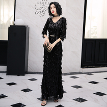 Black evening dress dress female 2021 New banquet temperament Noble elegant long aura Queen host socialite