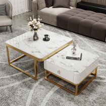Light Extravagant Modern Small Household Type Tea Table Living Room Home Minimalist Square Rock Plate Advanced Sensation Glass Tea Table Combined Table