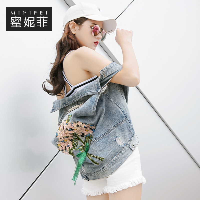 Thêu denim vest mùa hè mặc ngoài ăn của phụ nữ mới vest buông lơi Hàn Quốc phiên bản của vintage ngắn denim cổng gió