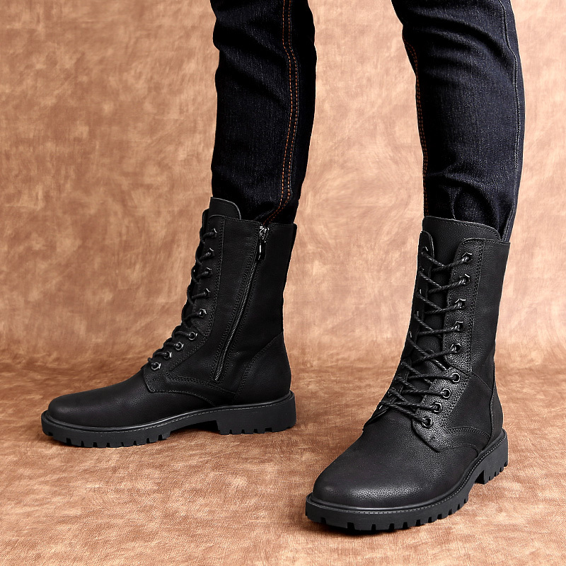 Spring and Autumn Martin Boots for Men, High-Top, Height-Increasing Leather Boots, Men's Genuine Leather Motorcycle Boots, British Style Work Boots for Men with Zipper