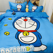 Blue Fat Man Cartoon Four-piece Cotton Boys and Girls Bed Sheet Quilt Cover Cotton Childrens Comfortable Bedding Three-piece Set