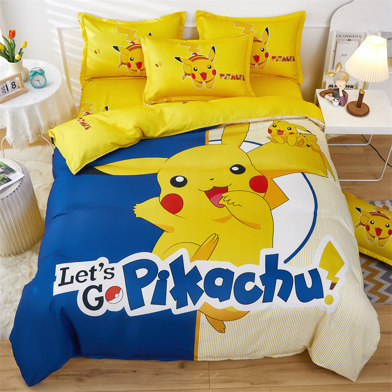 Pikachu cartoon four-piece set of cotton sheets and quilt cover boys and girls cotton children's student bedding three pieces