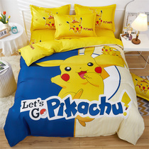 Pikachu cartoon four-piece cotton bed sheet quilt cover boys and girls cotton childrens student bedding three pieces