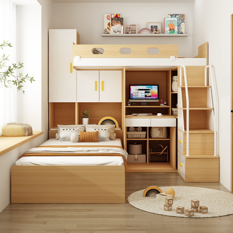 Children's Bunk Bed for Small Apartments, Staggered Double-Layer Multifunctional Desk and Wardrobe Integrated Staggered Height Bed