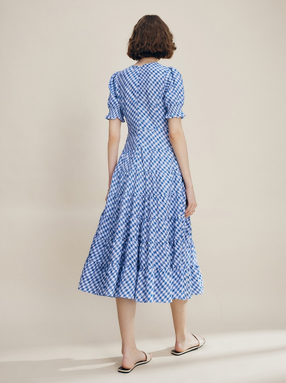 Famanxuan, vestido de cintura con temperamento a cuadros azul y blanco francés, falda larga de estilo de vacaciones de verano para mujer