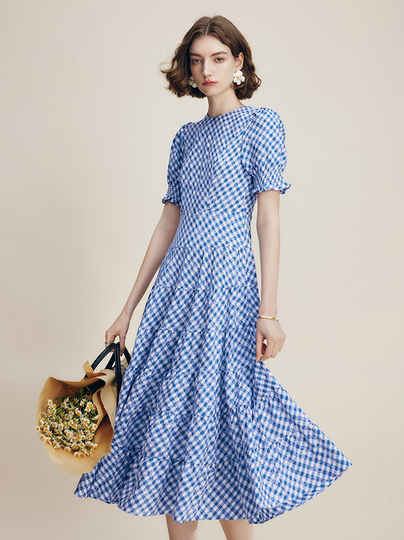 Famanxuan, vestido de cintura con temperamento a cuadros azul y blanco francés, falda larga de estilo de vacaciones de verano para mujer