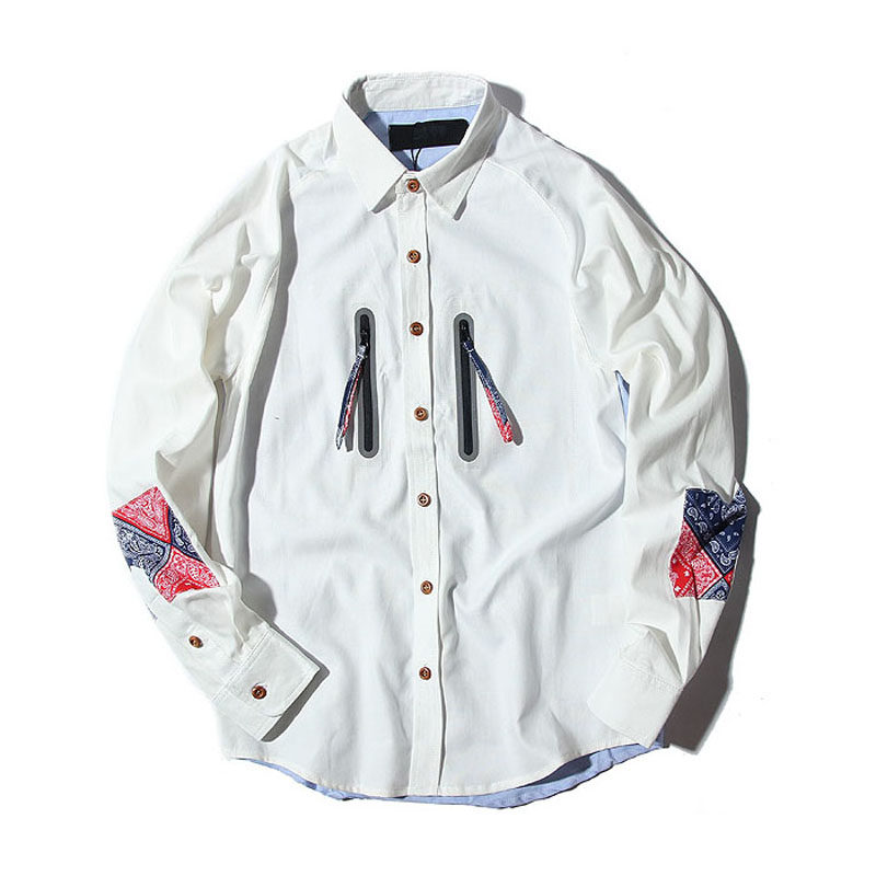 民族风潮牌压胶拉链长袖衬衫男韩版 秋装学生个性衬衣修身白上衣