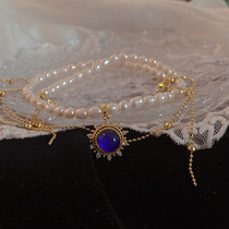 Lou Haha] French retro design sapphire zircon natural freshwater pearl necklace millet beads choker