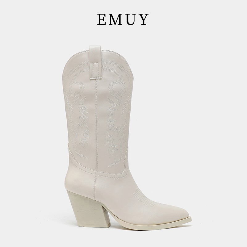 Emuy White Boots Women's Long Boots Thick-Soled Embroidered Mid-High Western Cowboy Boots Knight Chunky Heel Pointed Toe High-Heeled Boots