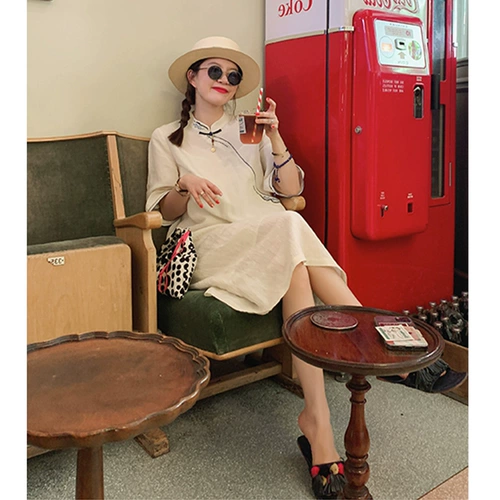 Ретро ципао, платье, белая длинная юбка, китайский стиль, оверсайз