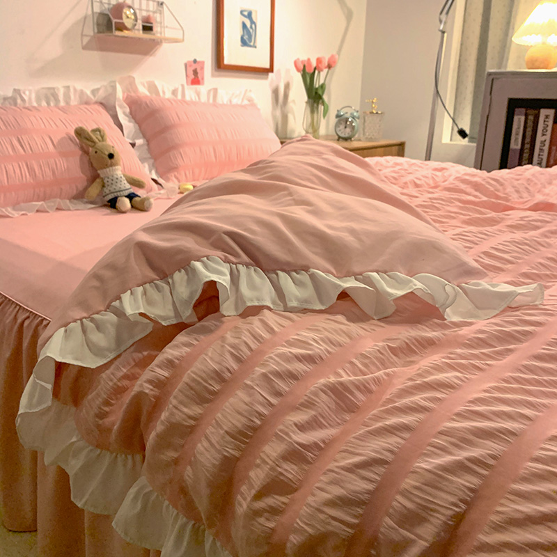 Pink princess style bed skirt four-piece set Miss puffs lace cotton quilt cover Girls dormitory cotton bed single bed cover