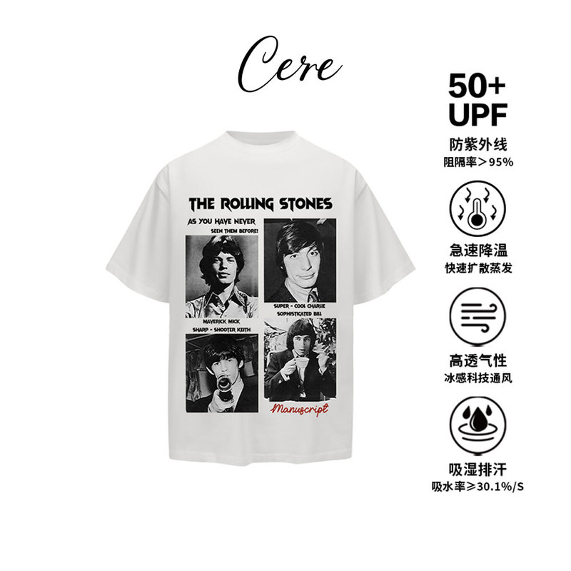 Portrait Band Short-Sleeve 280g Heavyweight Short-Sleeve Wide Vintage Print Portrait Short-Sleeve T-Shirt Sorona Ice-Feel