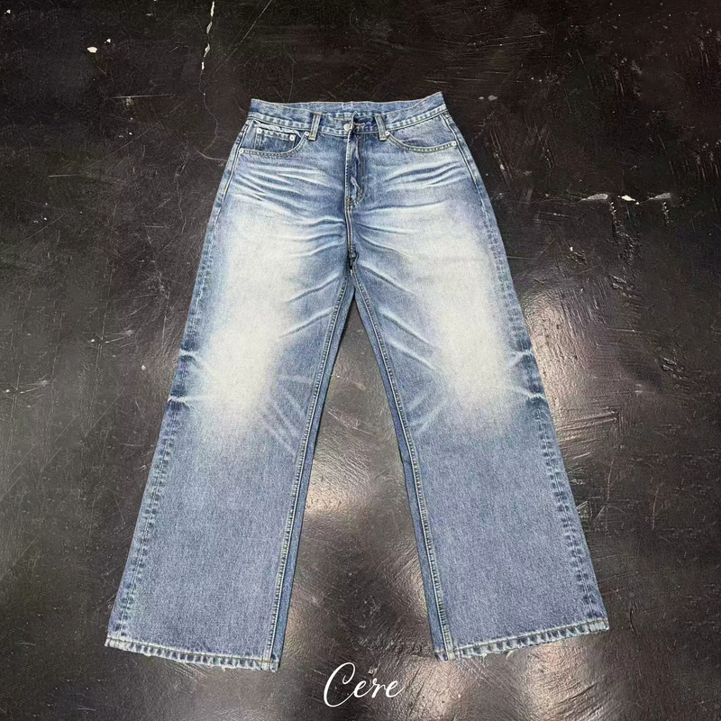 Snowflake Light Blue Washed Distressed Straight-Leg Jeans 02 Combat Bull King Raw Denim Jeans Loose Distressed Whiskered