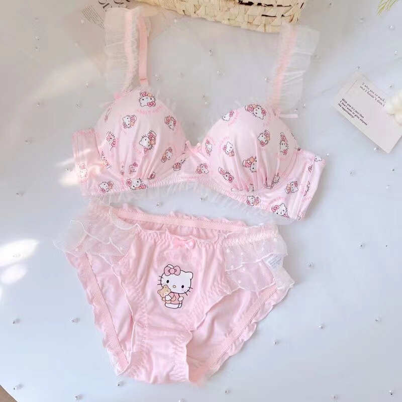 Soft and Cute Kt Japanese-Style Girl's Cute Cartoon Sweet Lace Underwear Without Underwire Small Chest Enhancing Bra Set for Women