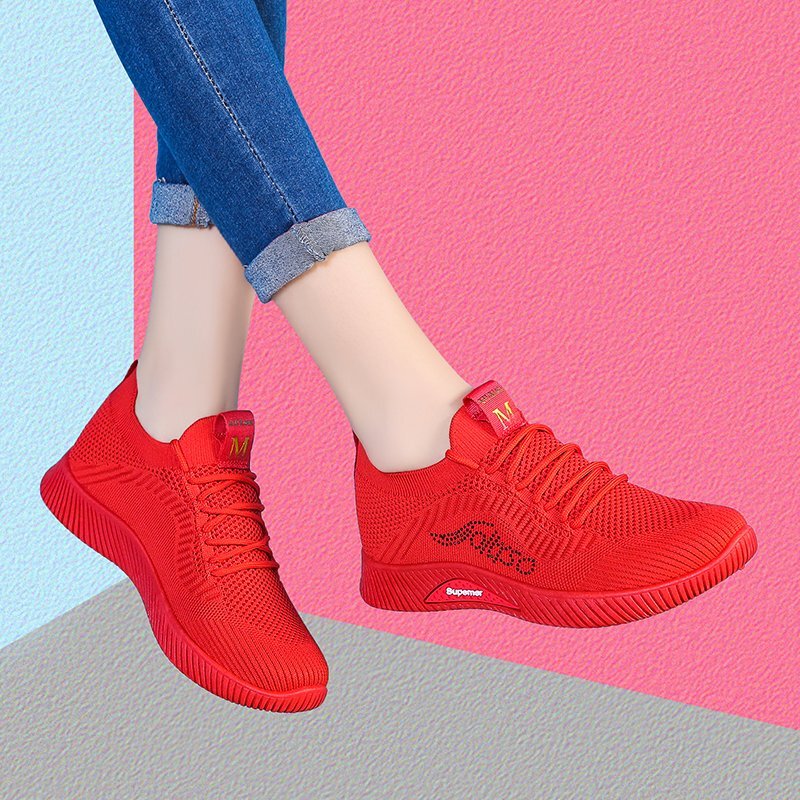 Big Red Sports Shoes for Women, Fly-Knit Mom Running and Dancing Shoes, Soft-Soled Moisturizing Little Red Shoes, Breathable and Odor-Resistant Travel Shoes