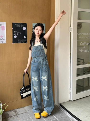 Ретро джинсовый комбинезон с бантиком, дизайнерские штаны, в американском стиле, тренд сезона, подходит для подростков, свободный прямой крой