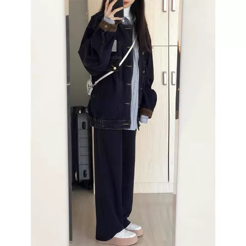 Ретро черная джинсовая осенняя дизайнерская куртка, в американском стиле, оверсайз, свободный крой