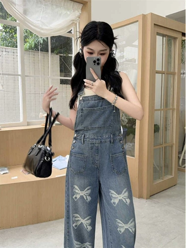 Ретро джинсовый комбинезон с бантиком, дизайнерские штаны, в американском стиле, тренд сезона, подходит для подростков, свободный прямой крой