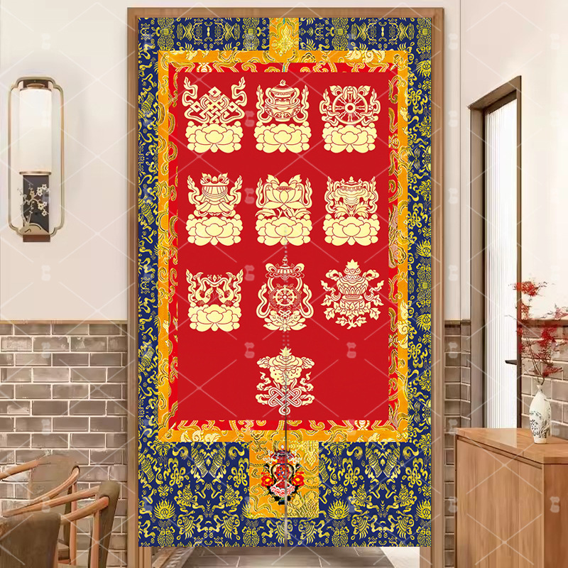 Tibetan-Style Door Curtain with Auspicious Eight Treasures for Living Room, Kitchen Partition, Bathroom, Tibetan Ethnic Household Half Curtain, No-Drill Installation