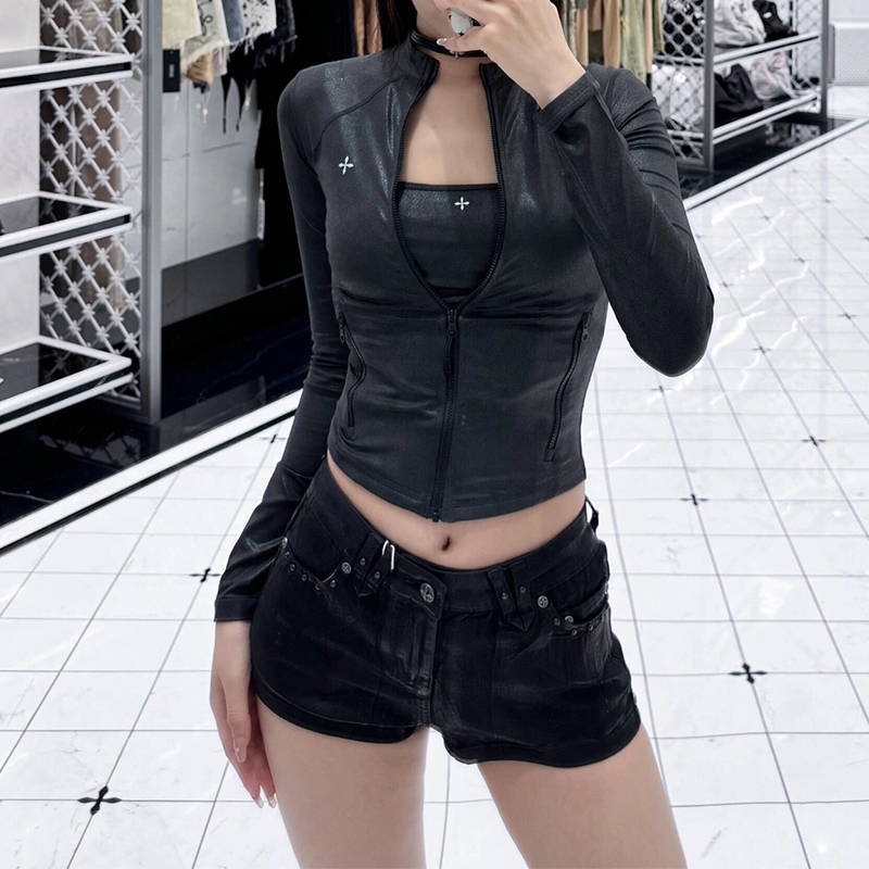 Wave Future Body Shaping Jacket Black Long Sleeve Zipper Coat Women's 24 New Style