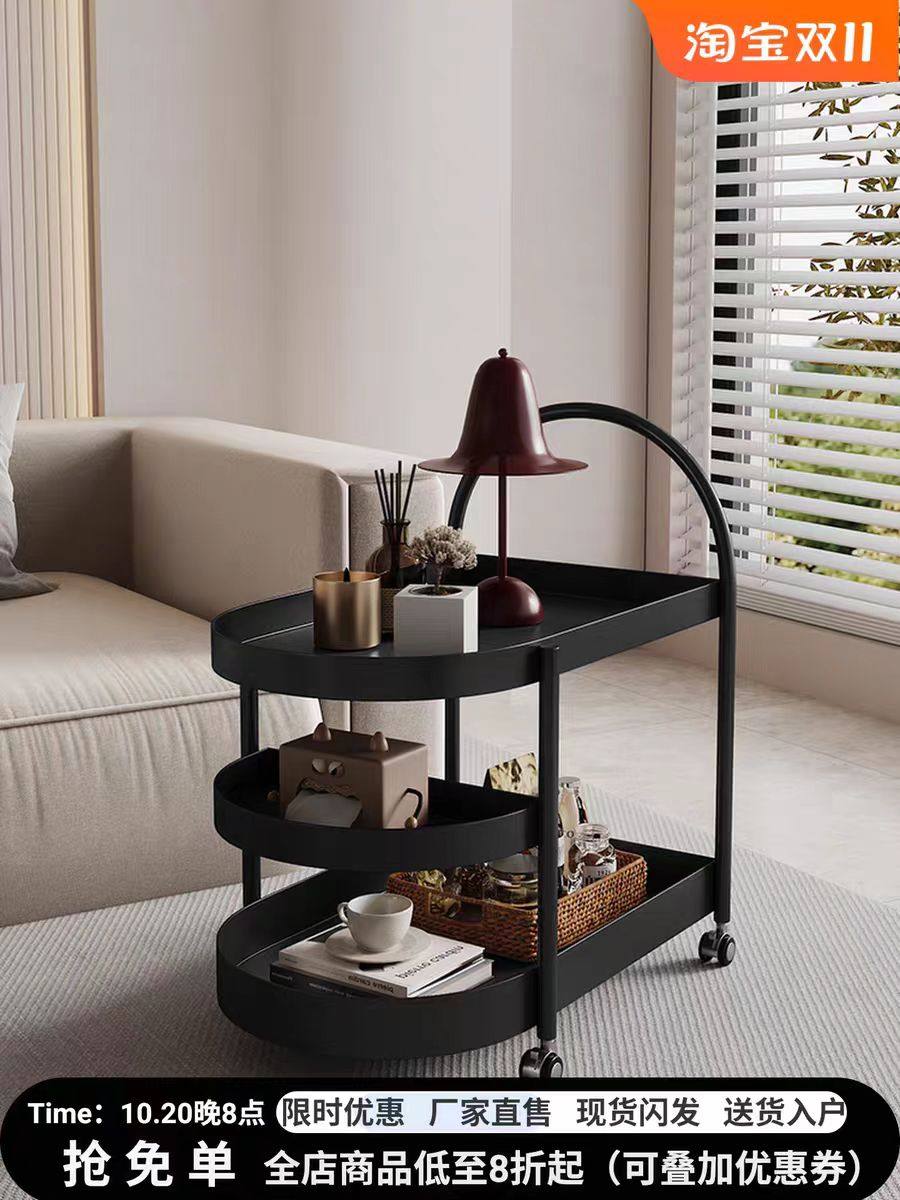 Chinese-Style Cream-Colored Movable Side Table, Modern Minimalist High-End Light Luxury Living Room and Bedroom Side Cabinet, Storage Rack, Small Trolley