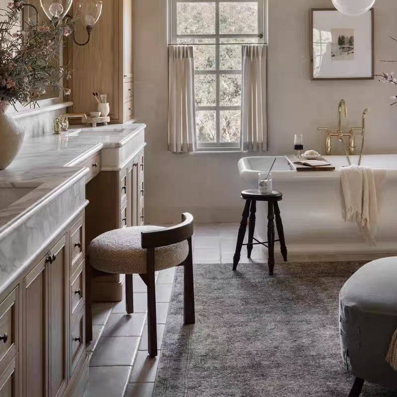 Retro Style Lamb Velvet Makeup Chair Round Stool Designer Dressing Table Chair Home Medium Solid Wood Island Bar Dining Chair