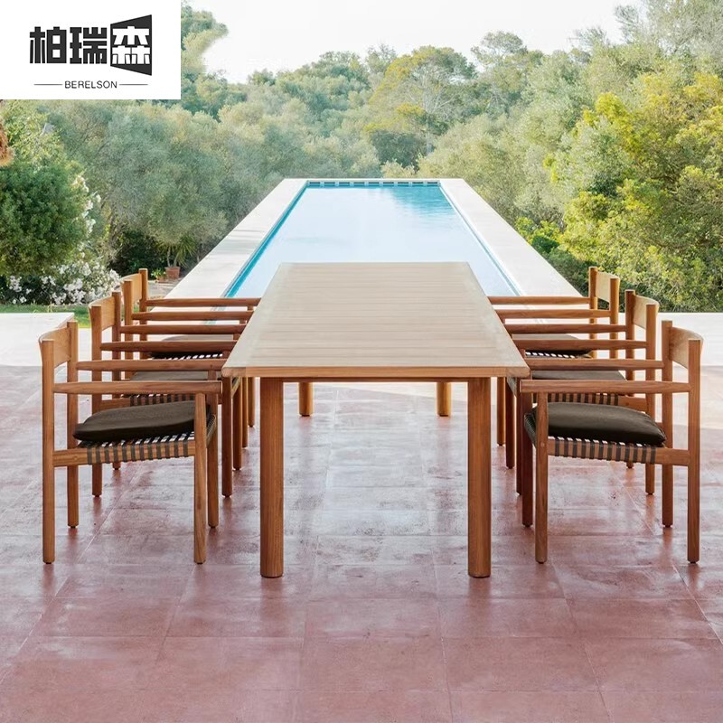 Outdoor Teak Tables and Chairs, Waterproof and Sun-Resistant, for Outdoor Villas, Balconies, Gardens, Guesthouses, Open-Air, Anti-Corrosion Solid Wood Long Tables