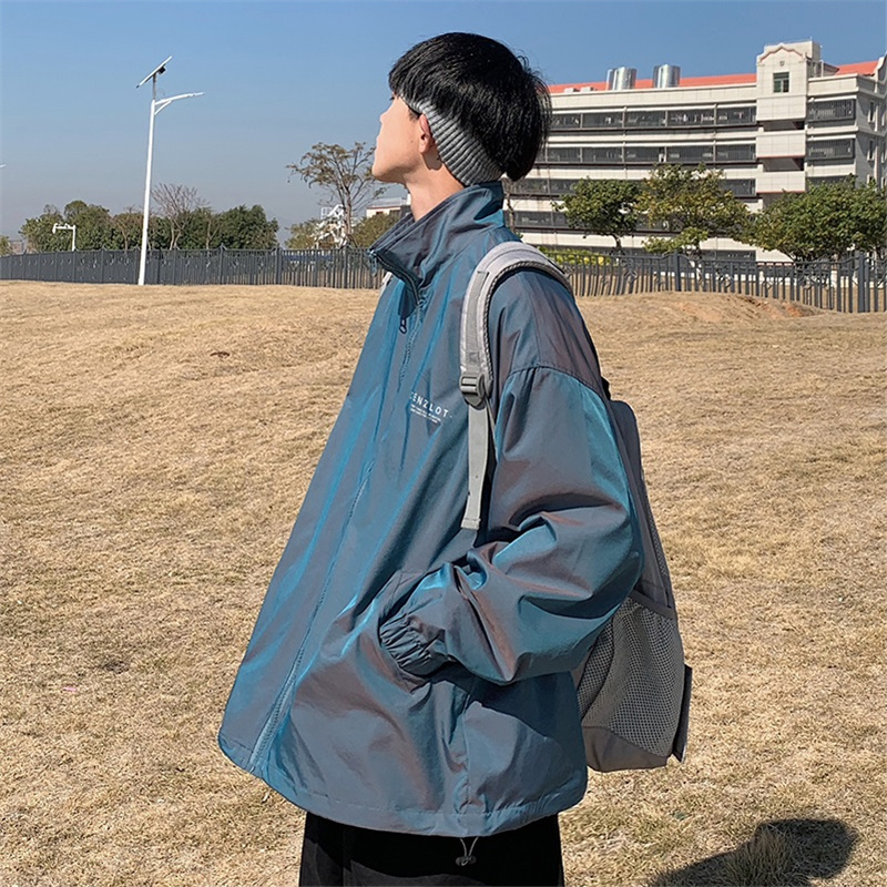 Spring and autumn tide brand ins colorful reflective jacket men's Korean version loose all-match casual handsome stand-up collar fried street coat