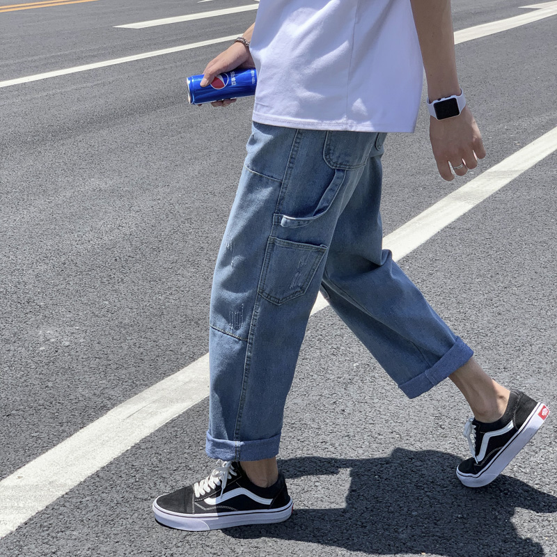 Super hot cec jeans men's straight loose ins trendy brand with holes nine points summer Hong Kong style fall feeling wide leg daddy pants