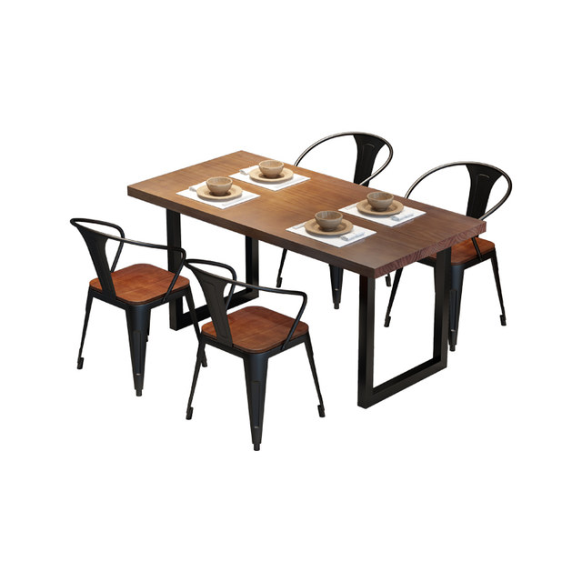 New retro hot pot barbecue restaurant table dining and chair integrated industrial style coffee leisure table ຕາຕະລາງ dining ໄມ້ແຂງສີ່ຫລ່ຽມ