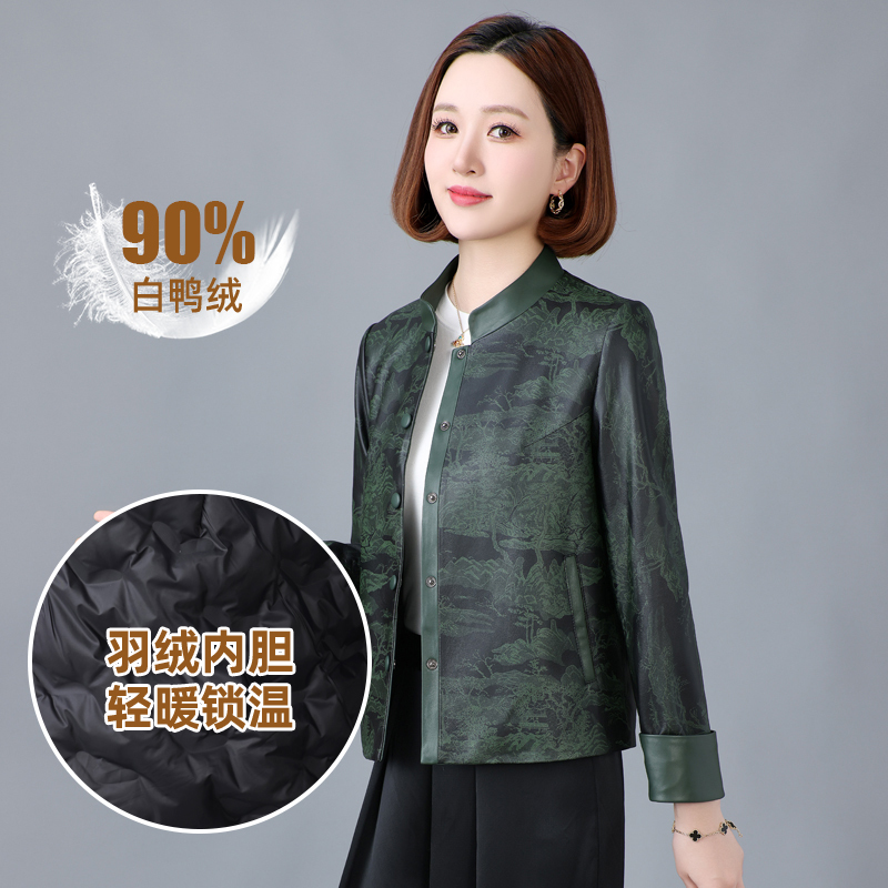 Printed Genuine Leather Jacket for Women, Short Style, 2025 Spring and Winter New Chinese Style Haining Sheepskin down Jacket