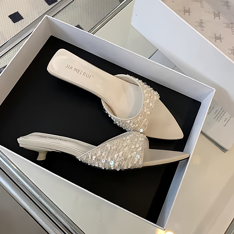High-Heeled Shoes for Women, 2026 Spring and Summer New Style, Elegant and Fashionable Pointed-Toe Kitten Low-Heeled Super Trendy Open-Toe Outdoor Sandals