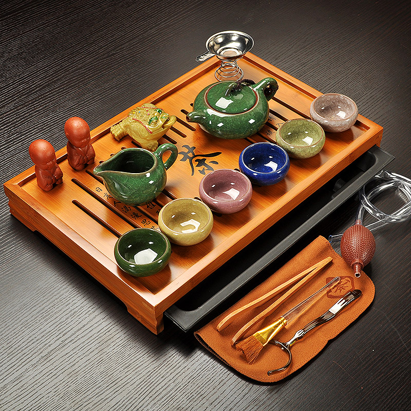 Ceramic Kung Fu tea set set solid wood tea tray tea table complete set of retro purple sand office teapot set