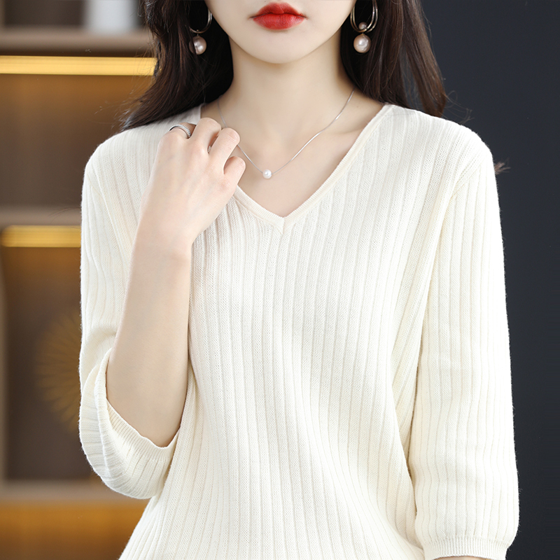 Pure Cotton Half-Sleeve Knit Top for Women, V-Neck Pullover, Mid-Sleeve Sweater, Korean Style Loose Top, Short Style for Spring, Autumn, and Summer
