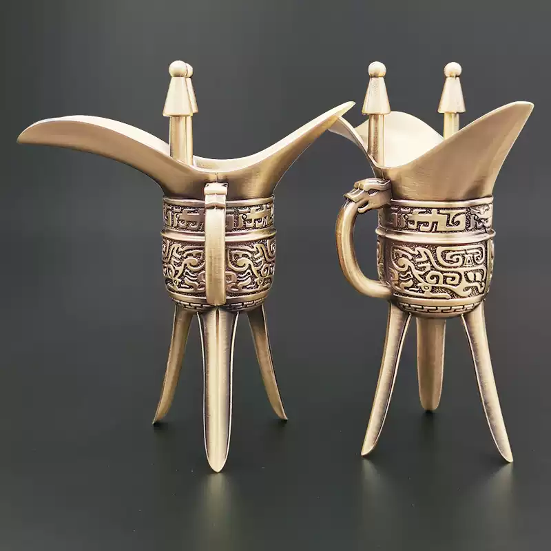 復古純銅酒杯爵杯宮廷風青銅器酒具饕餮紋青銅爵杯中式