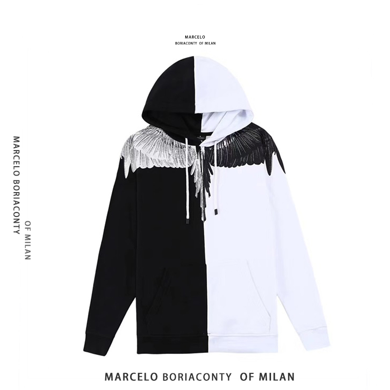 Official Authentic Marcelo Burlon Mb Wings Black and White Patchwork Hooded Sweatshirt Winter