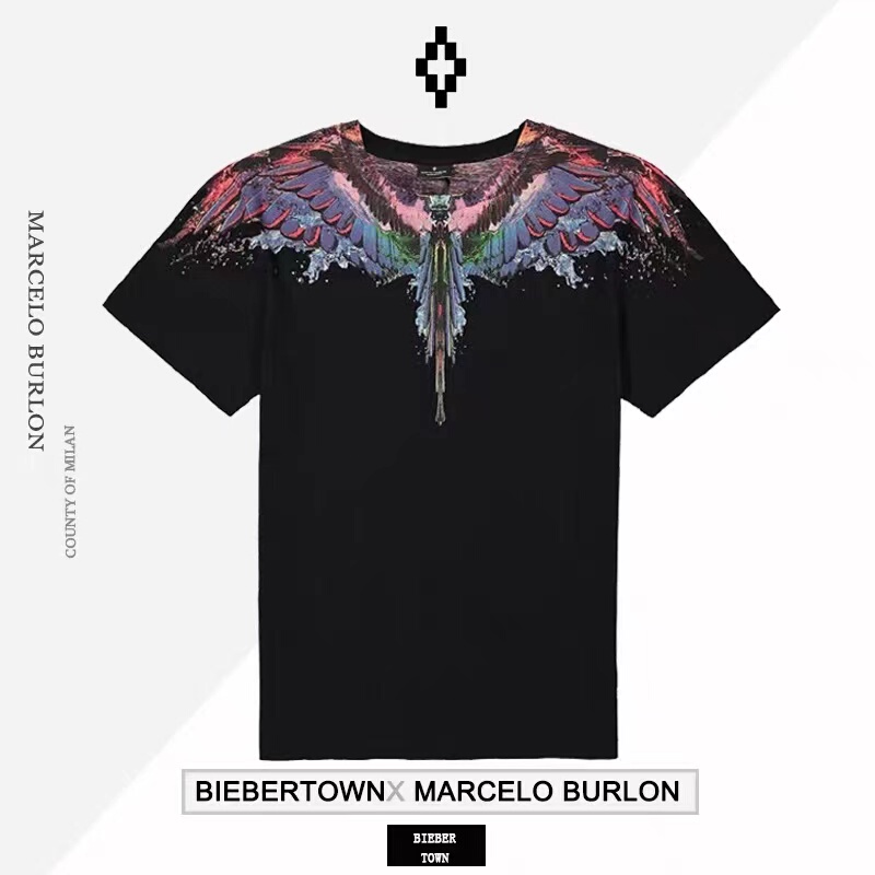Official Authentic Marcelo Burlon Mb Water Drop Color Wings Short-Sleeved T-Shirt for Men and Women Trendy
